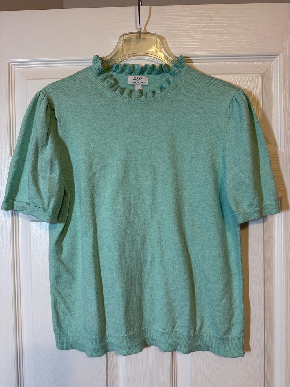 J. Crew Factory Mint Green Ruffle Neck Short Sleeve Knit Top